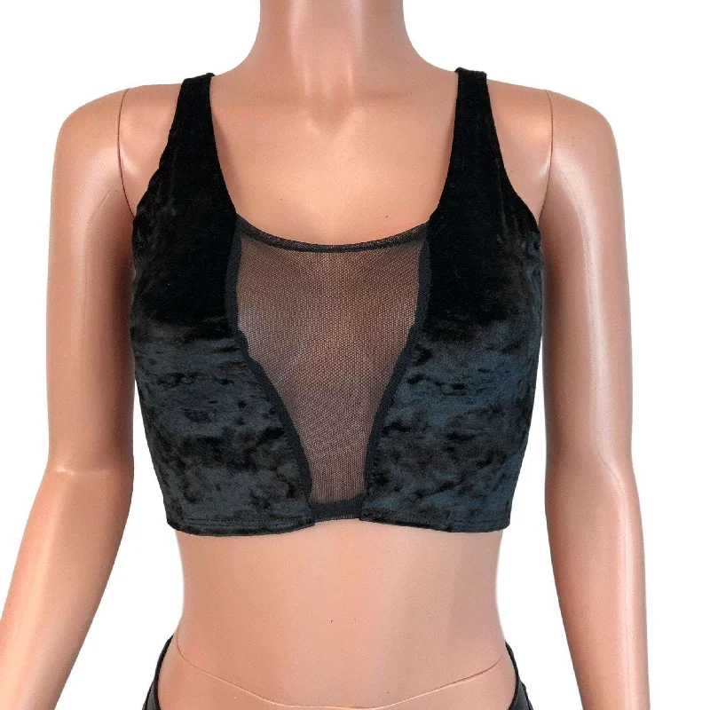 Mesh Inset Crop Tank Top - Black Crushed Velvet