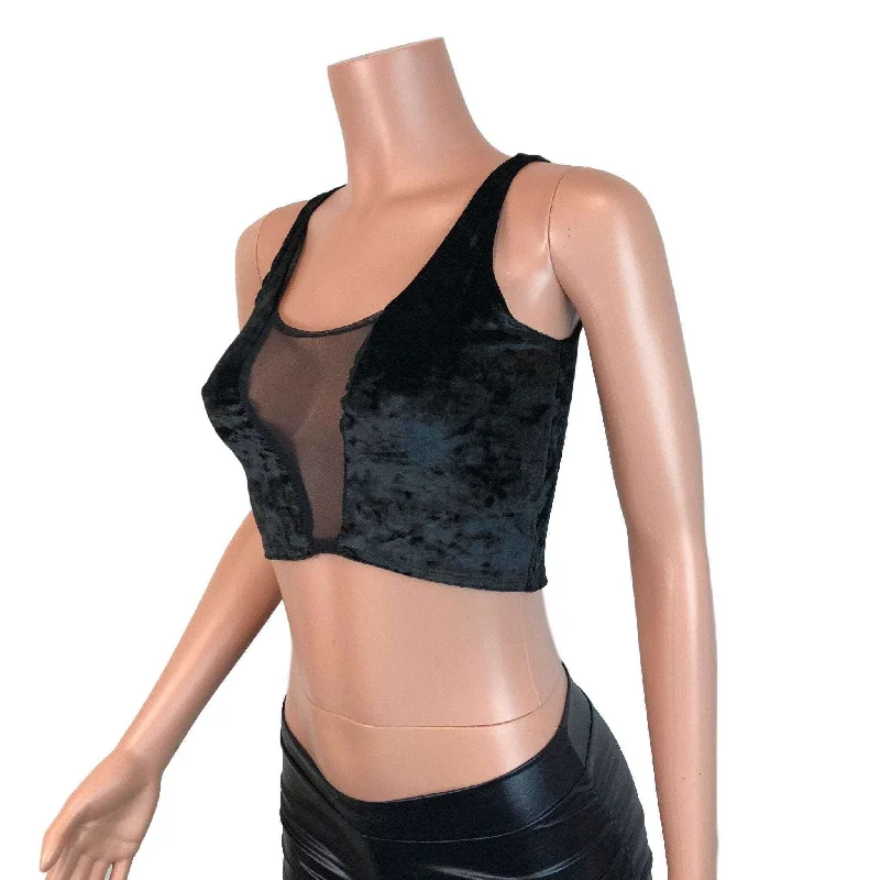 Mesh Inset Crop Tank Top - Black Crushed Velvet