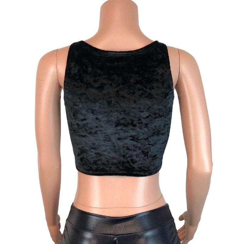 Mesh Inset Crop Tank Top - Black Crushed Velvet