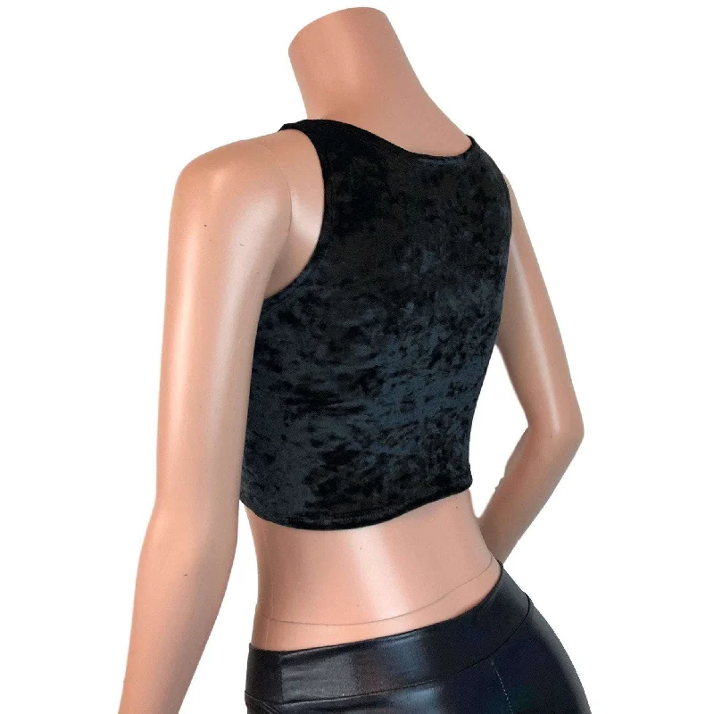 Mesh Inset Crop Tank Top - Black Crushed Velvet