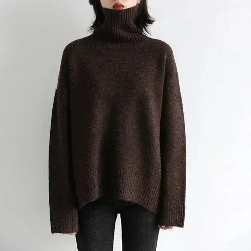 Korean Women's Sweater Loose Turtleneck Sweaters Warm Solid Pullover Knitwear Ba