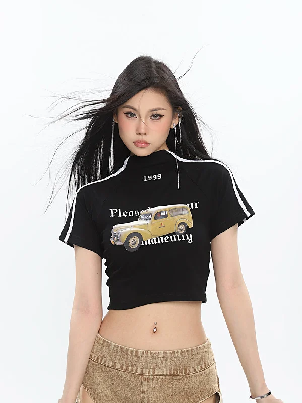 Delancy Graphic Automobile Image Print Turtleneck Solid Color Short Sleeve Cropped Top