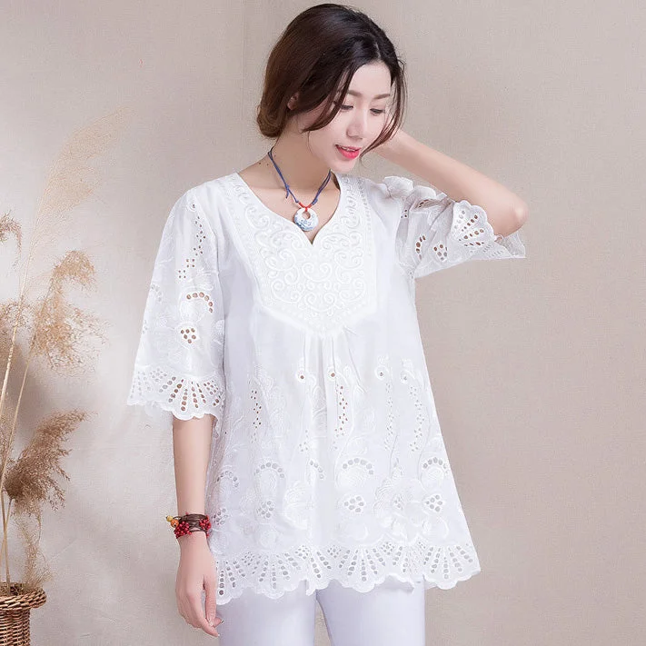 Hollow Out Floral Embroidery Loose Traditional Chinese Blouse