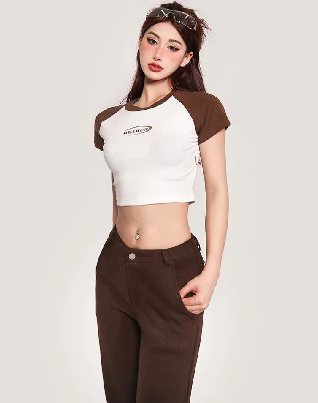 Juin Patchwork Contrast Color Short Sleeve Slim Cropped Top