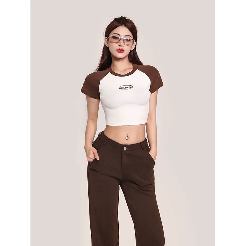 Juin Patchwork Contrast Color Short Sleeve Slim Cropped Top