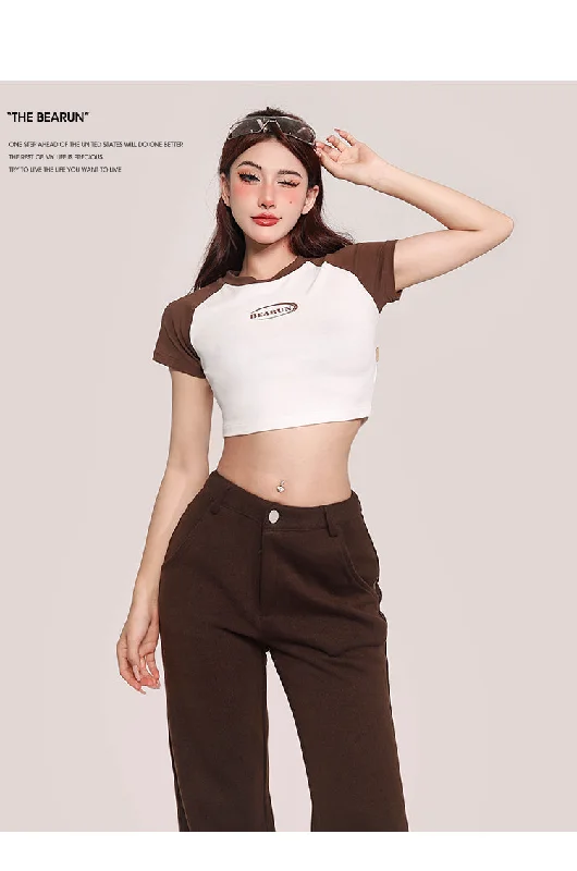 Juin Patchwork Contrast Color Short Sleeve Slim Cropped Top