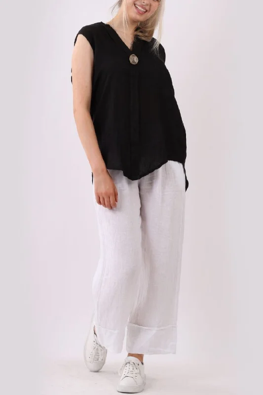 Linen Sleeveless Long Top - Black