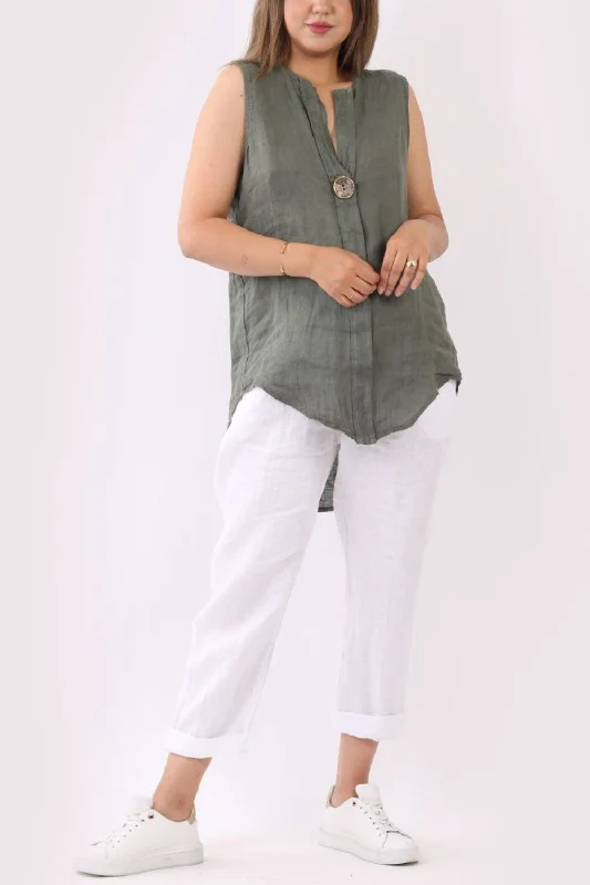 Linen Sleeveless Long Top - Khaki