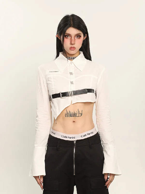 Nora Solid Color White Irregular Asymmetrical Cut Out Black Belt Waist Cropped Shirt Top