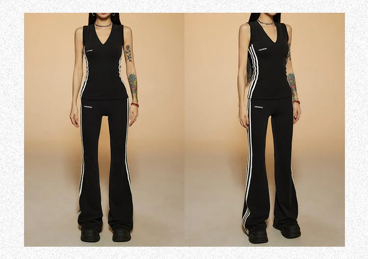 Rochelle Black Grey Khaki Stripe Sport Set, V-Neck Sleeveless Slim  Bodycon Top + Long Flare Pants Matching Set