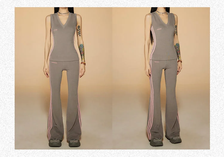 Rochelle Black Grey Khaki Stripe Sport Set, V-Neck Sleeveless Slim  Bodycon Top + Long Flare Pants Matching Set