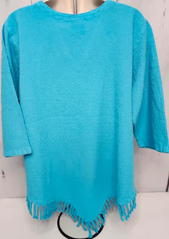 Shirt Aqua 1/2 Sleeve V Neck Fringe Womens 449