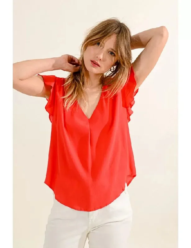 V neck cotton top in red orange