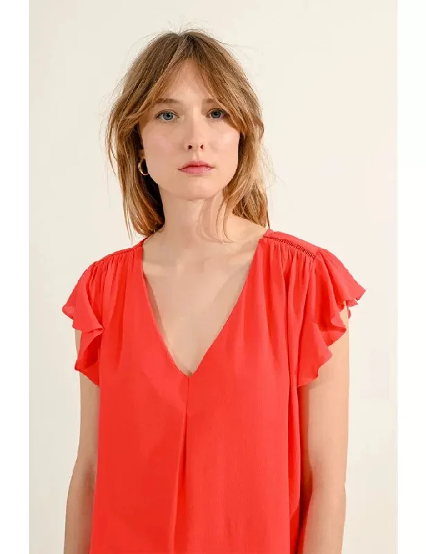 V neck cotton top in red orange