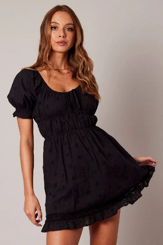 Black Fit And Flare Dress Puff Sleeve