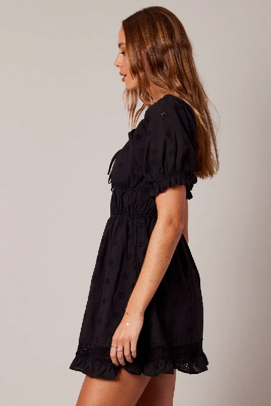 Black Fit And Flare Dress Puff Sleeve