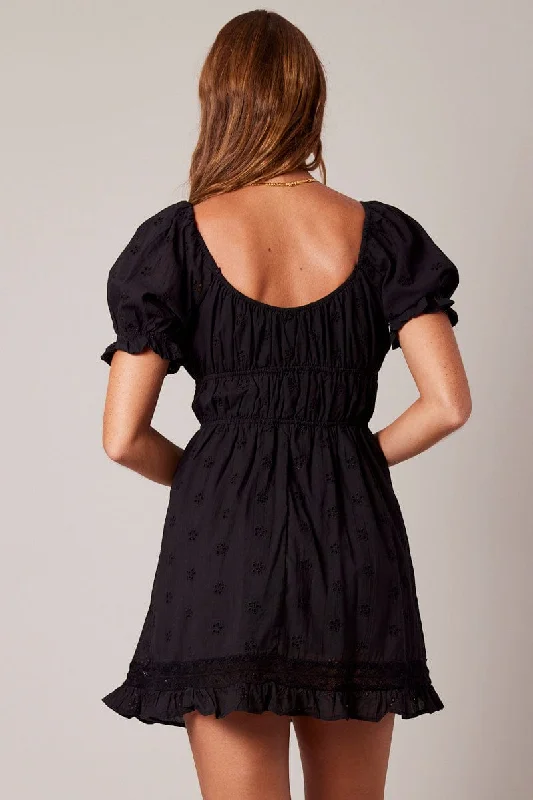 Black Fit And Flare Dress Puff Sleeve