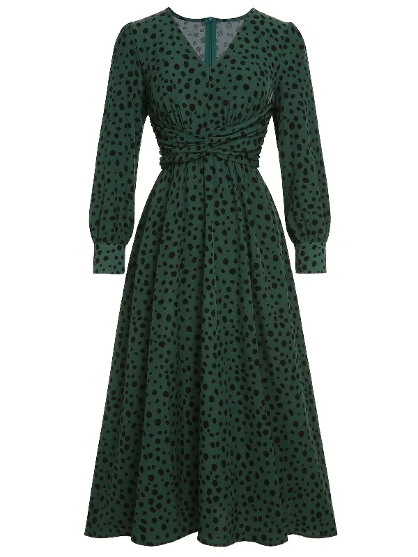 Green V-Neck Leopard A-Line Dress