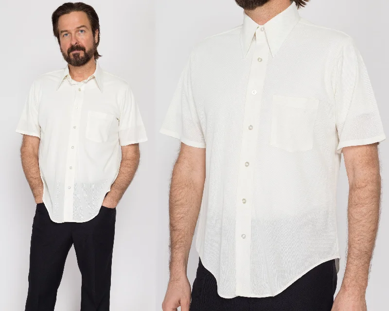 Large 70s Sheer White Short Sleeve Collared Shirt