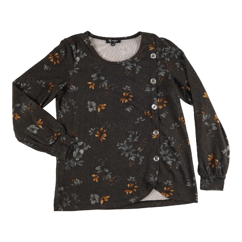 lily morgan Women's  Modern Chic Long Sleeve Printed Top with Side Button Detailing, Black Floral