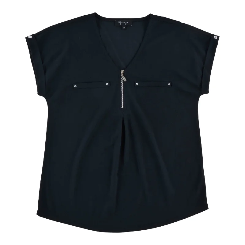 lily morgan Women's V-Neck Zip Cuffed Blouse