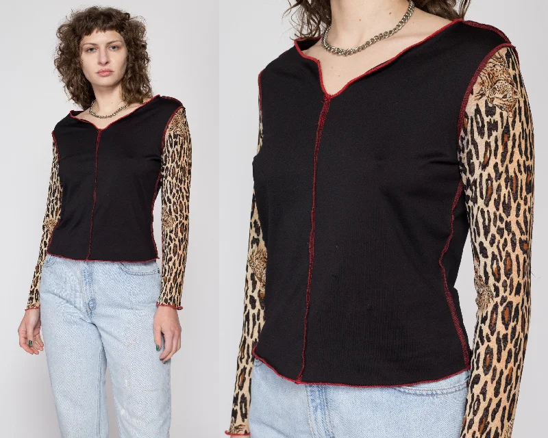 Med-Lrg 90s Black Leopard Print Sleeve Top