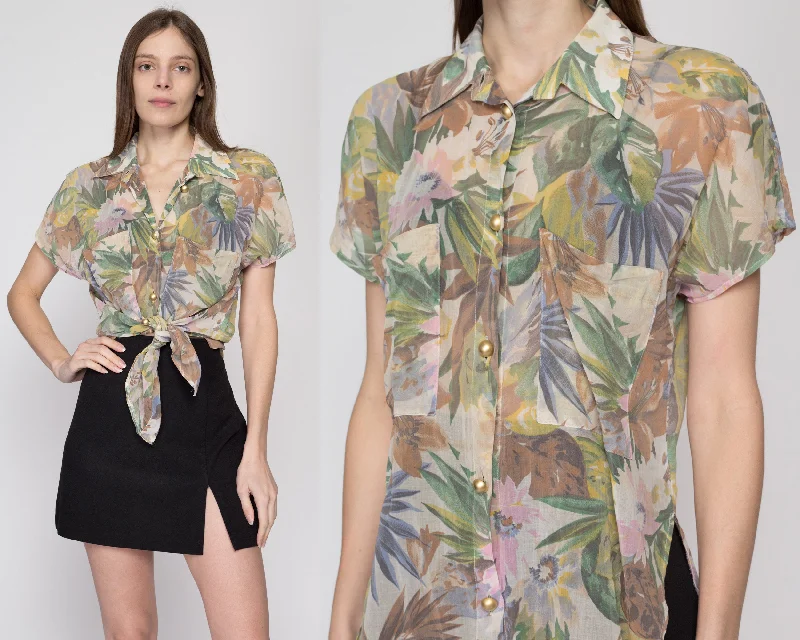 Medium 80s Sheer Tropical Floral Blouse