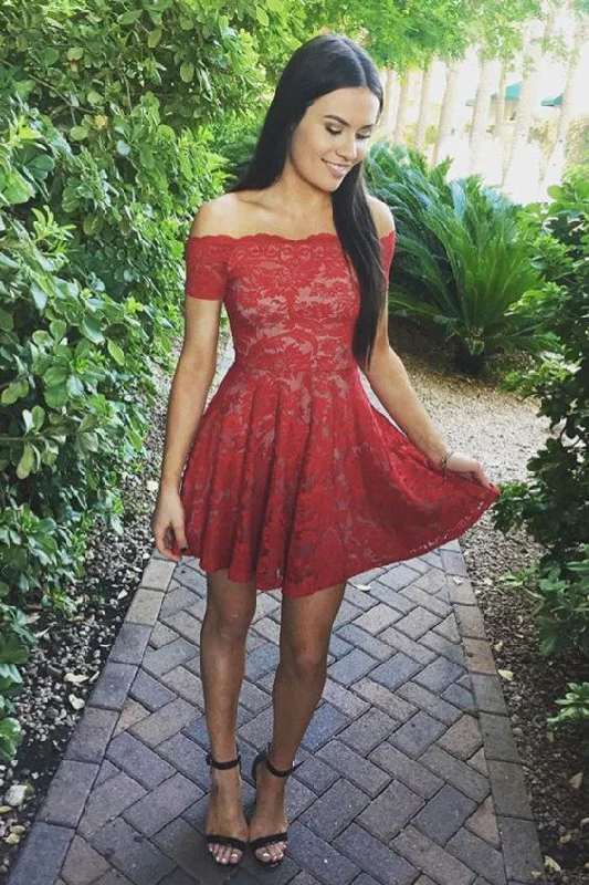 Stylish A-Line Off-Shoulder Red Lace Short Homecoming Dresses,Prom Dresses OK349