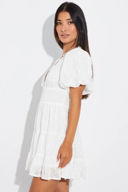 White Fit And Flare Dress Puff Sleeve Mini