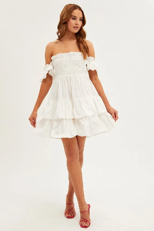 White Off Shoulder Dress Tiered Ruched Bodice