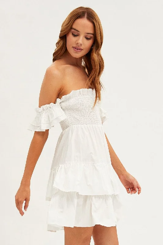 White Off Shoulder Dress Tiered Ruched Bodice