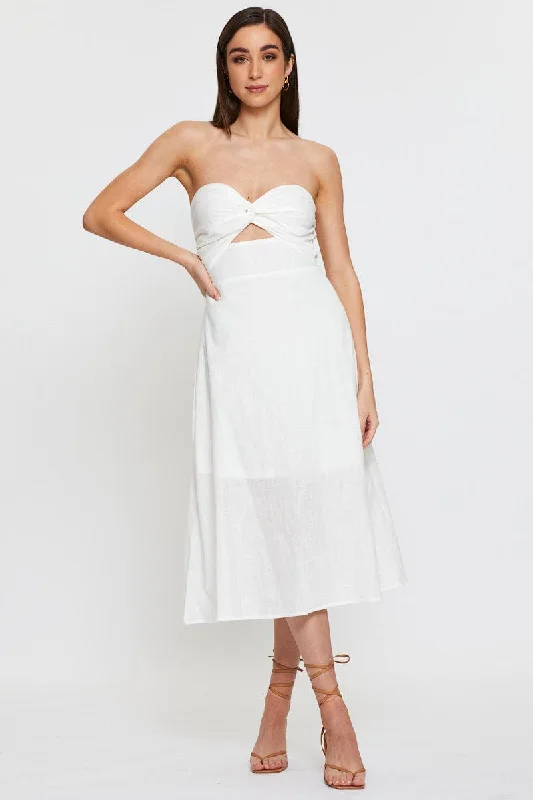 White Twist Front Bardot Midi Dress