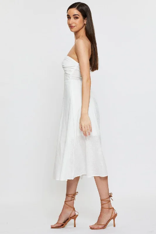 White Twist Front Bardot Midi Dress