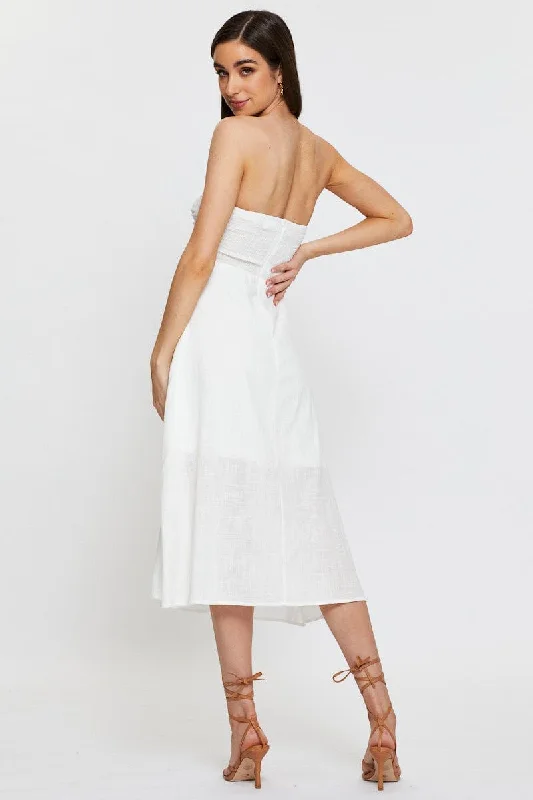 White Twist Front Bardot Midi Dress