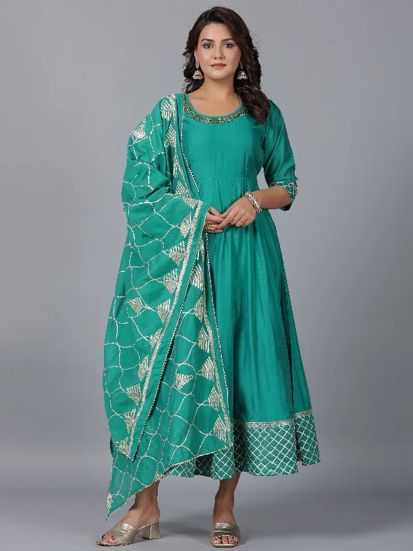 Women's Green Chanderi Anarkali Gota Patti Kurta & Dupatta Set