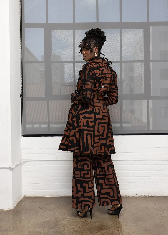 Adesina Women's African Print Utility Trench Coat (Espresso Geometric)