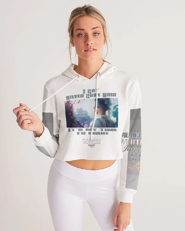 Asian sister with silver grey hair Women's All-Over Print Cropped Hoodie