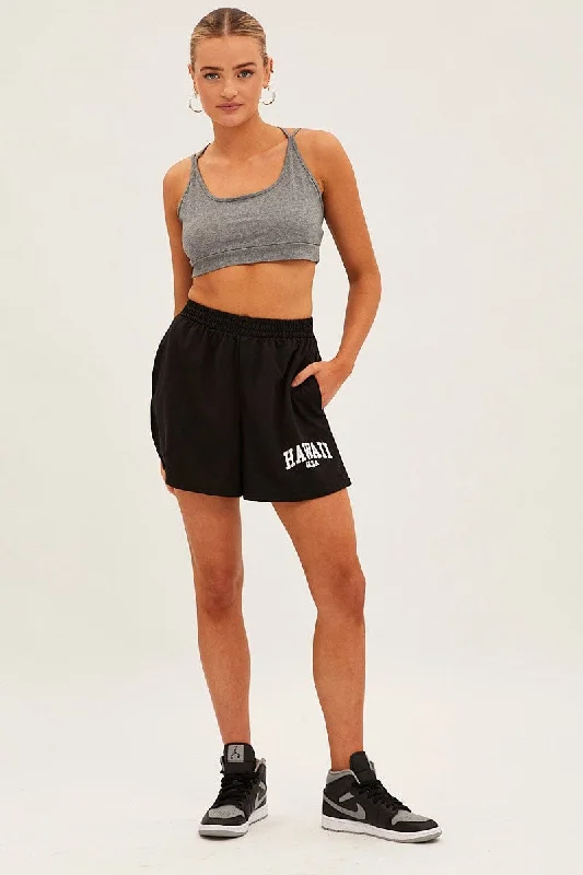 Black Elastic Waist Biker Track Shorts