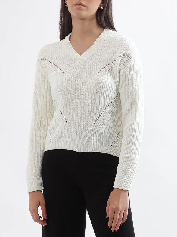 Centre Stage Women Cream Printed V Neck Sweater