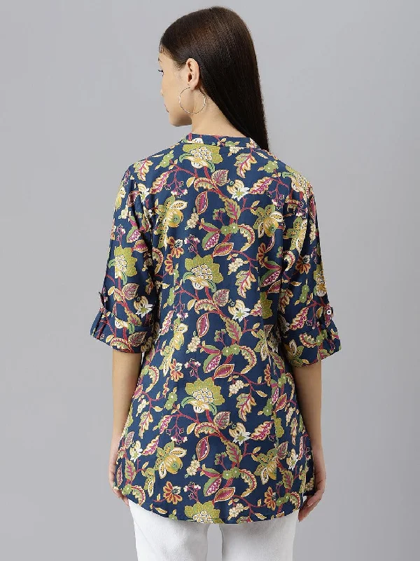 Navy Blue Floral Rayon A-line Shirts Style Top