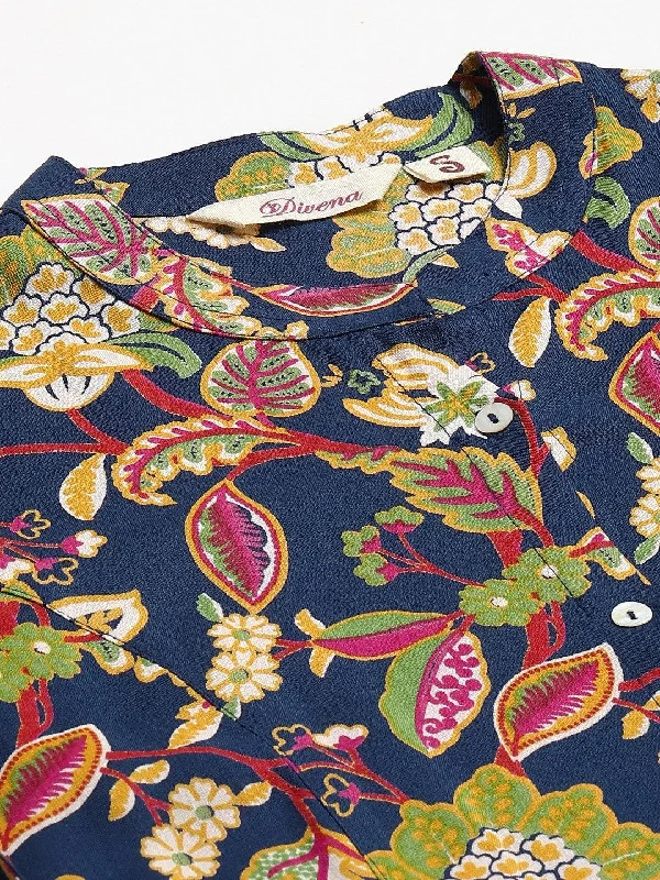 Navy Blue Floral Rayon A-line Shirts Style Top