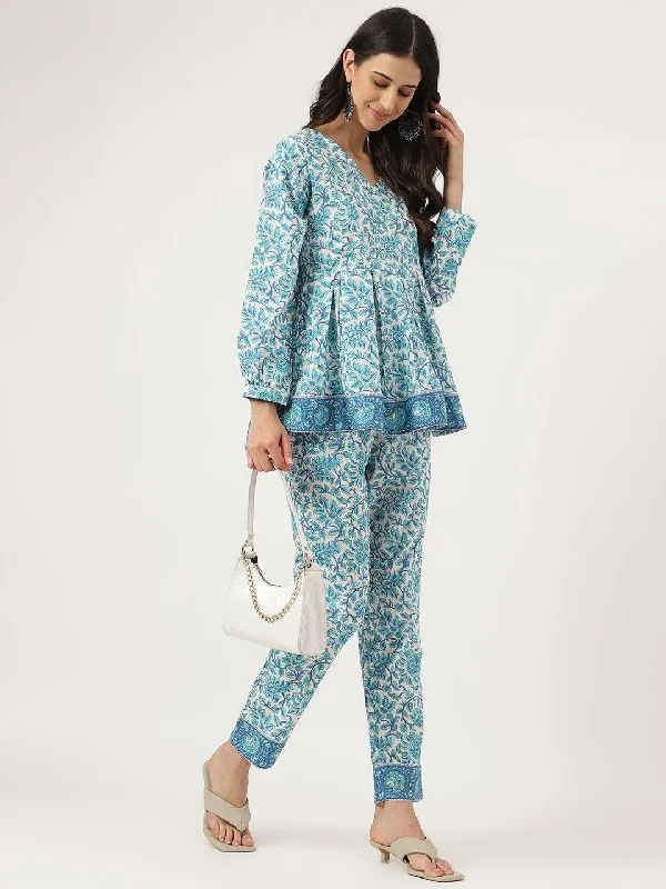 White Floral Printed Cotton Peplum Top Pant Co-ords Sets