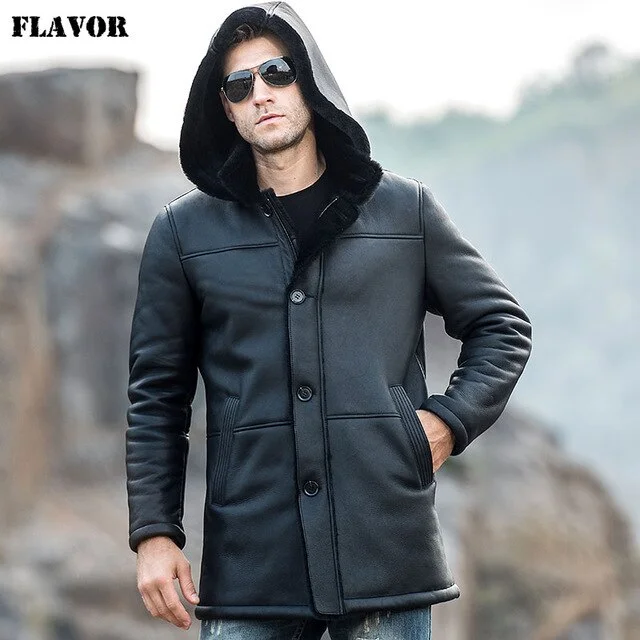 FLAVOR Men's Real Leather Jacket Men Genuine Shearling  Trench Coat with Hood Winter Warm Coat