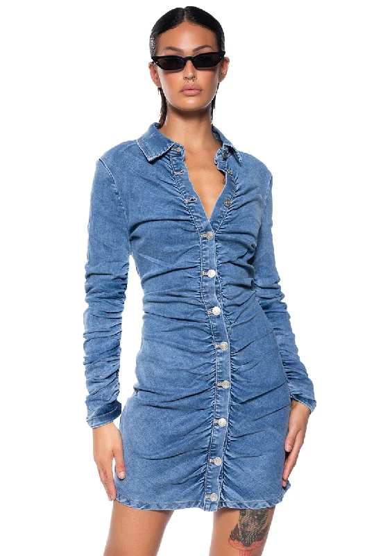 FLEX FIT RUCHED BUTTON DOWN LONG SLEEVE MINI DRESS