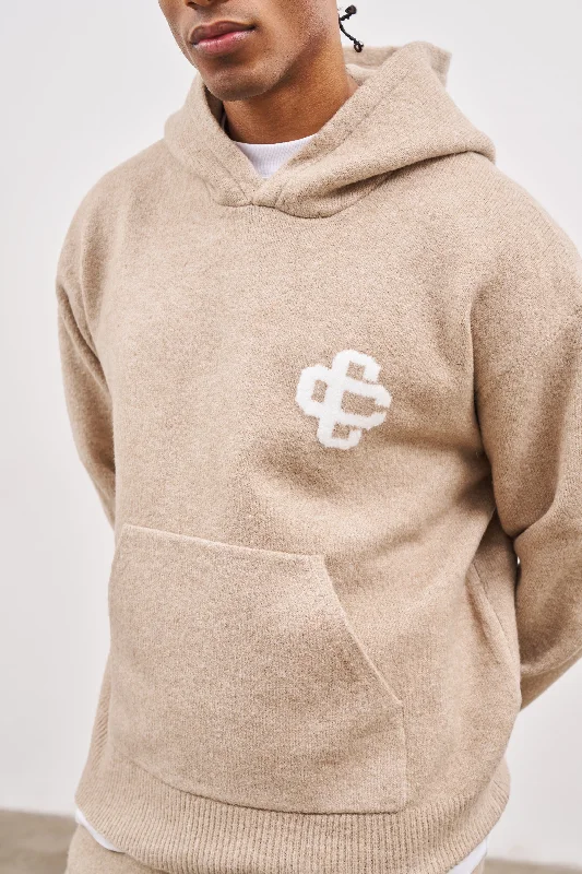 FLUFFY KNIT EMBLEM HOODIE - BEIGE