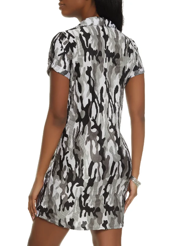 Plisse Camo Mini Shirt Dress