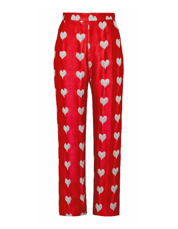 Hetty Red Heart Print Silk Jacquard Trousers