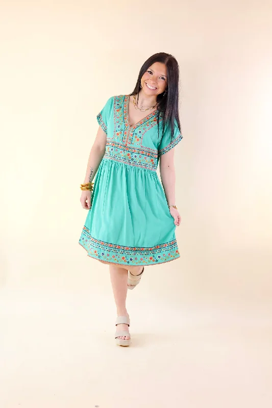 Passing Through V Neck Embroidered Dress with Short Sleeves in Mint Green