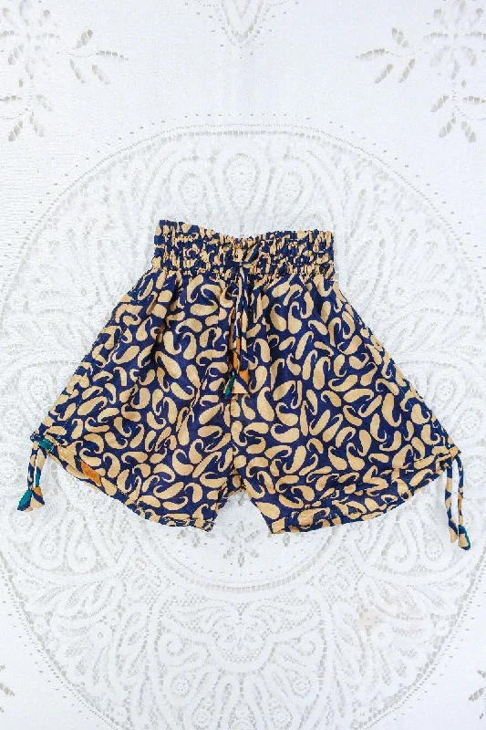 Pippa Shorts - Indigo & Champagne Bold Paisley  - Vintage Indian Sari - S/M