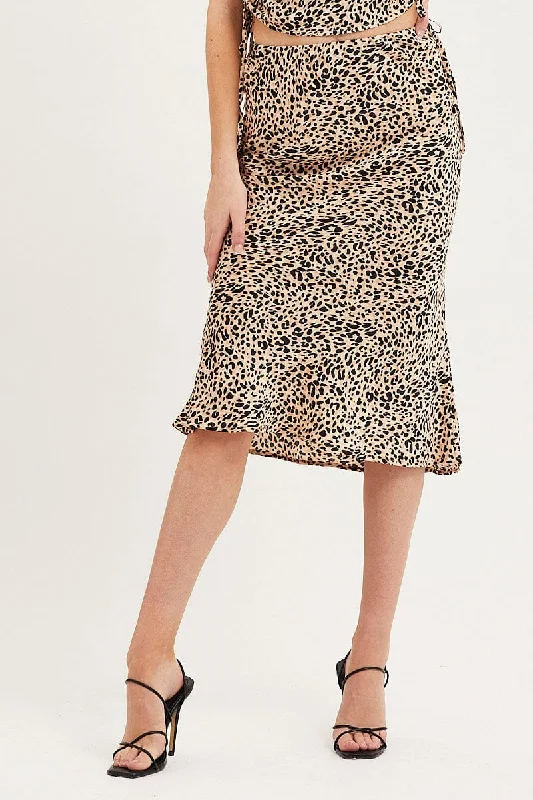 Print Slip Skirt Midi Satin